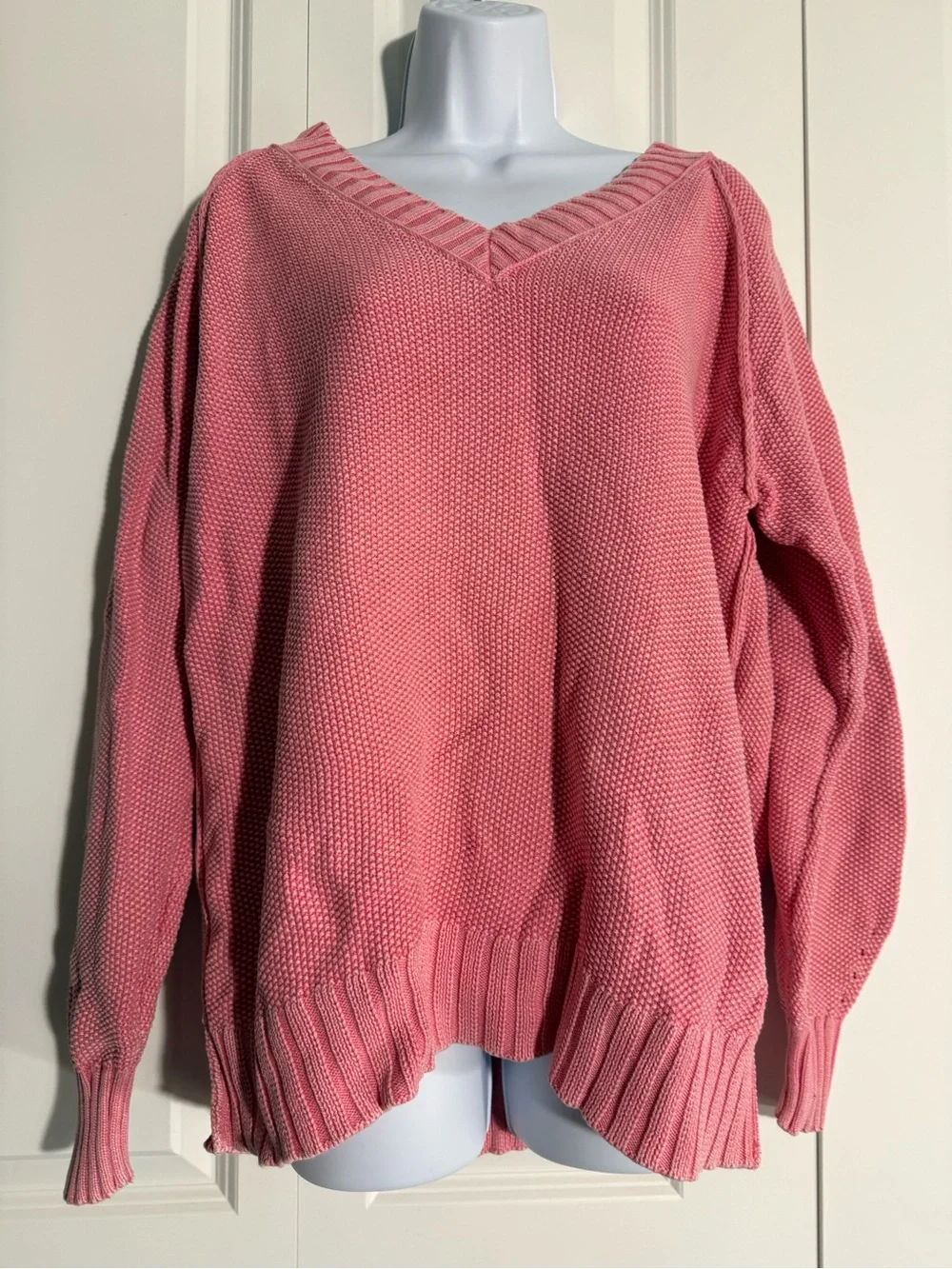 aerie Pink Off-Shoulder V-Neck Knit Sweater